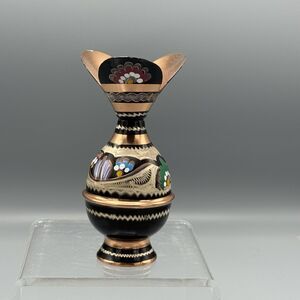 Vtg Copper Ornate Etched Hand Painted Bud Vase Decorative Hair Pin Holder Vanity